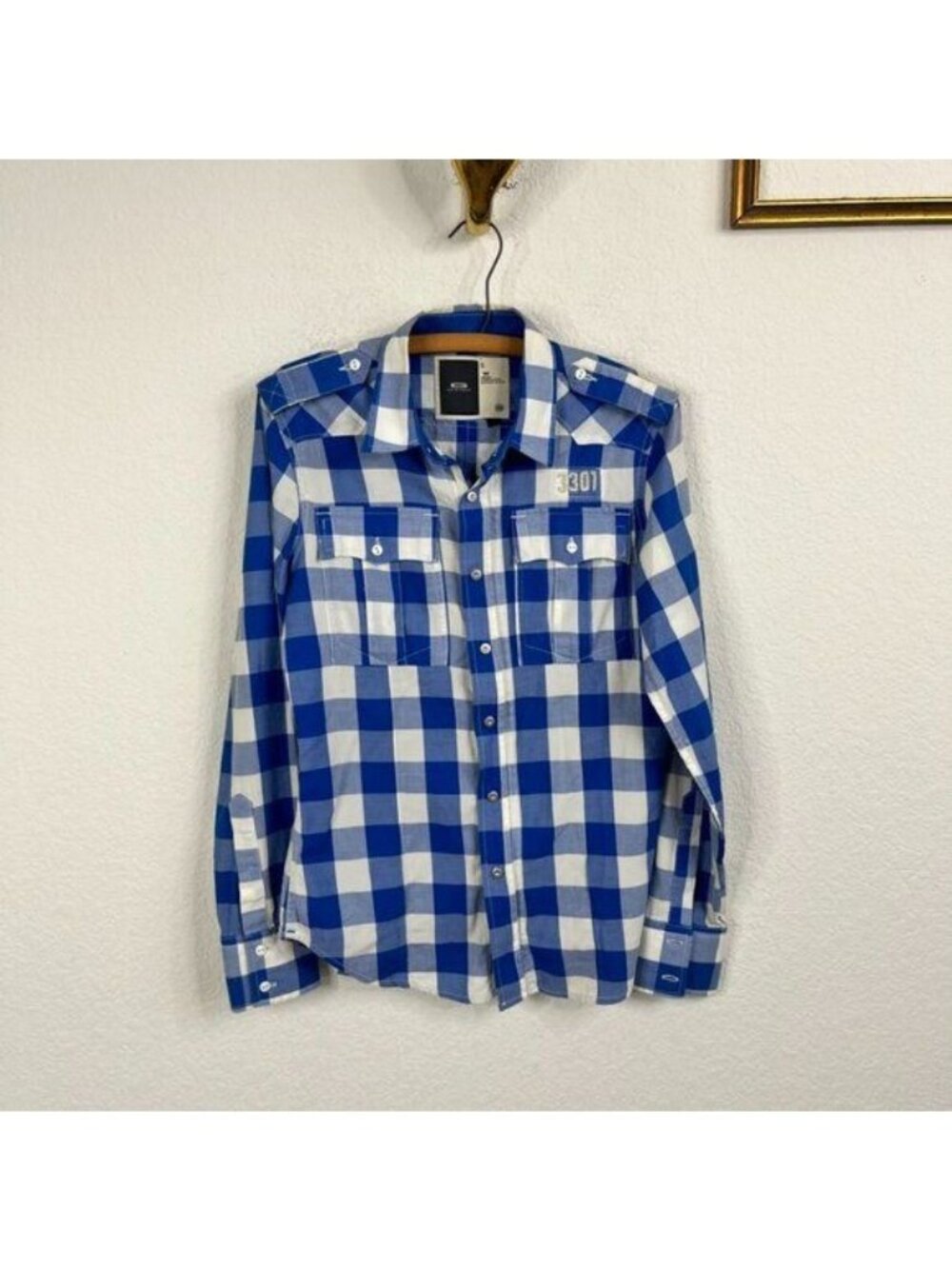 G Star Raw Gingham Buffalo Checl Plaid Button Snap Down Zip Up Long Sleeve Shirt